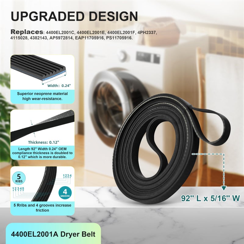 BTNTVEN مجموعة إصلاح مجفف مطورة متوافقة مع مجففات LG Kenmore تشمل 4581EL2002C بكرة أسطوانة المجفف 4400EL2001A حزام المجفف 4561EL3002A بكرة التوتر والزنبرك استبدال 4400EL2001F 4581EL3001E 4581EL2002A - Image 3